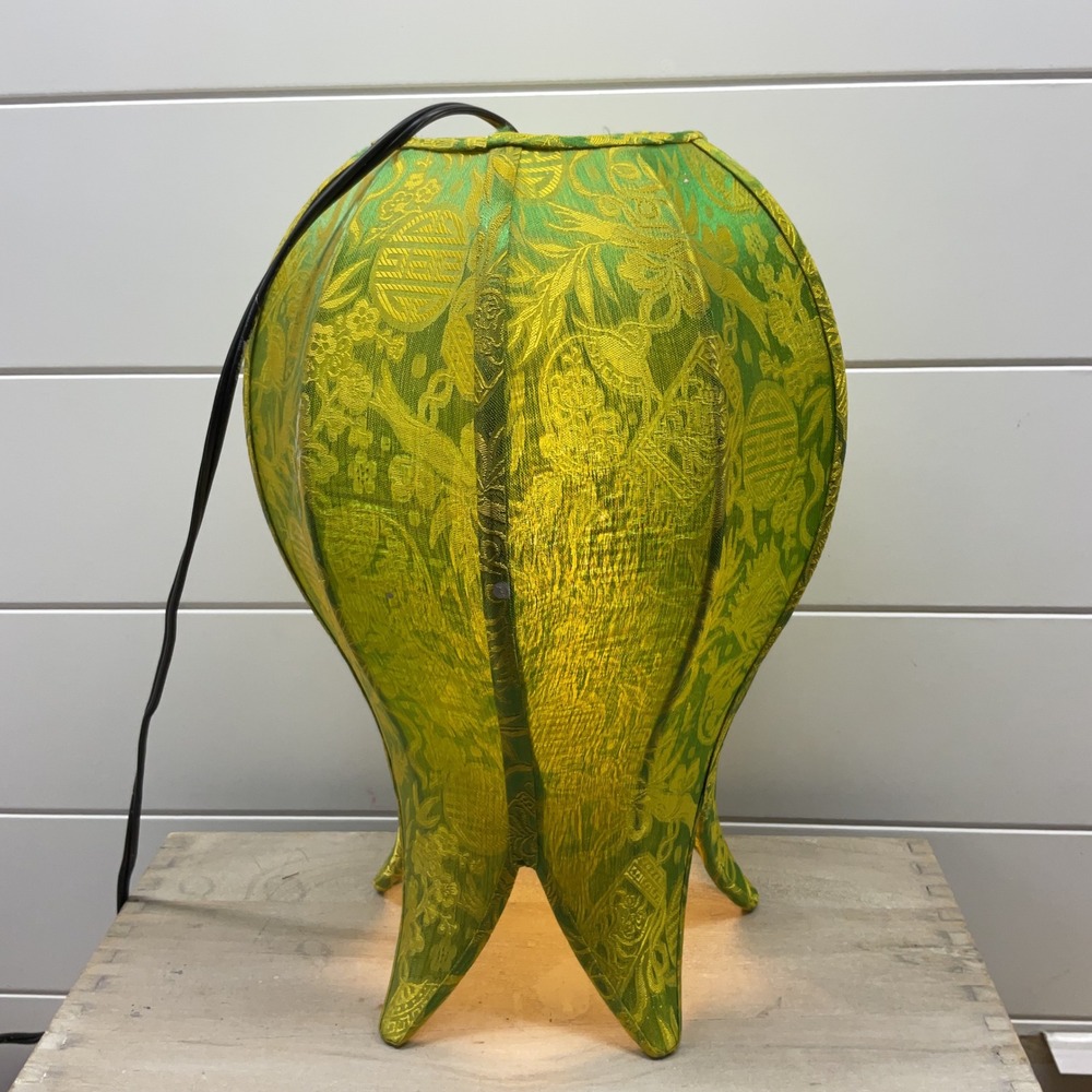 Vintage Chinoiserie Green Gold Silk Brocade Tulip Table Lamp Hollywood Regency